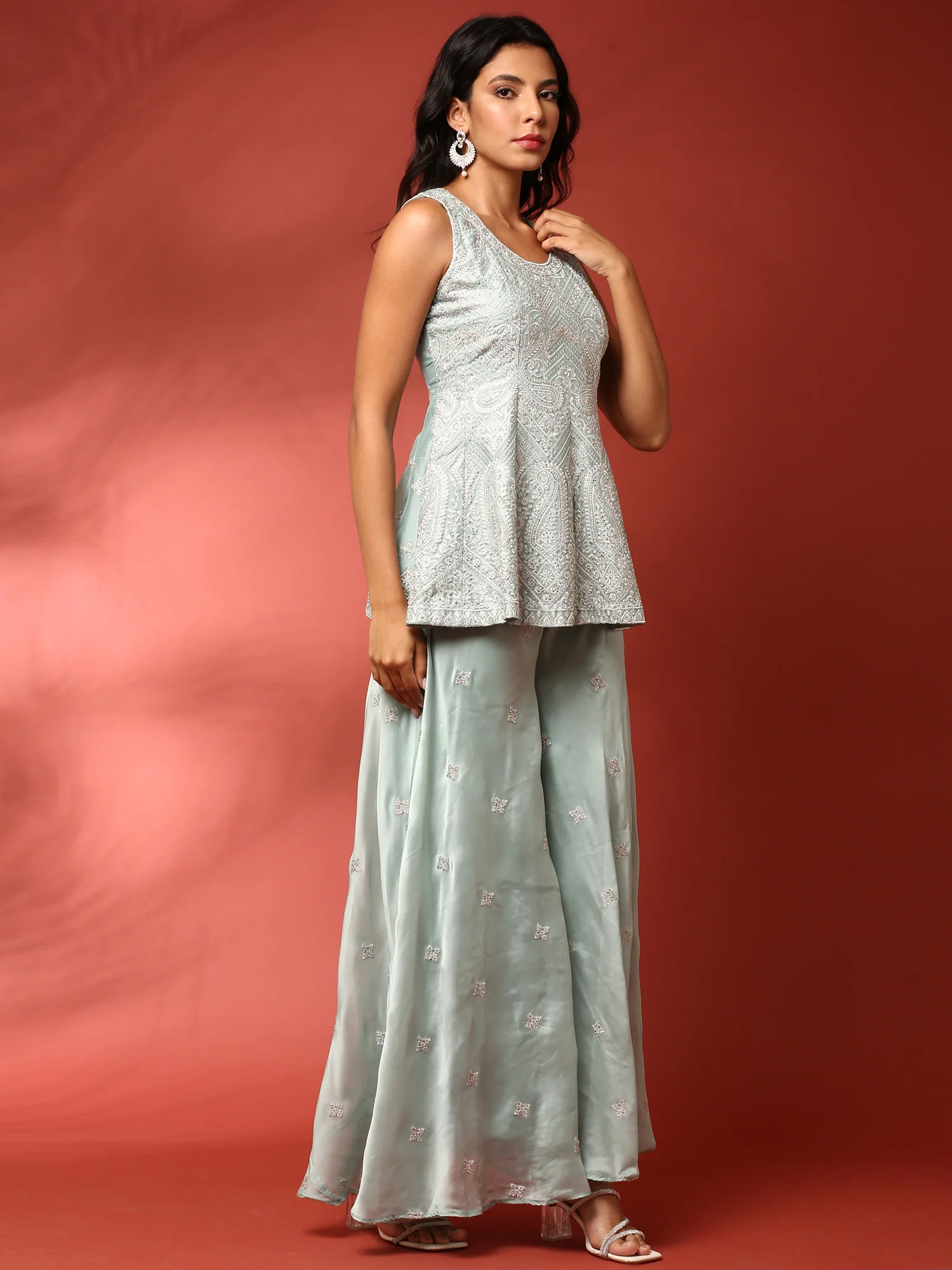 Aqua green hand embroidered three piece palazzo set - Image 2