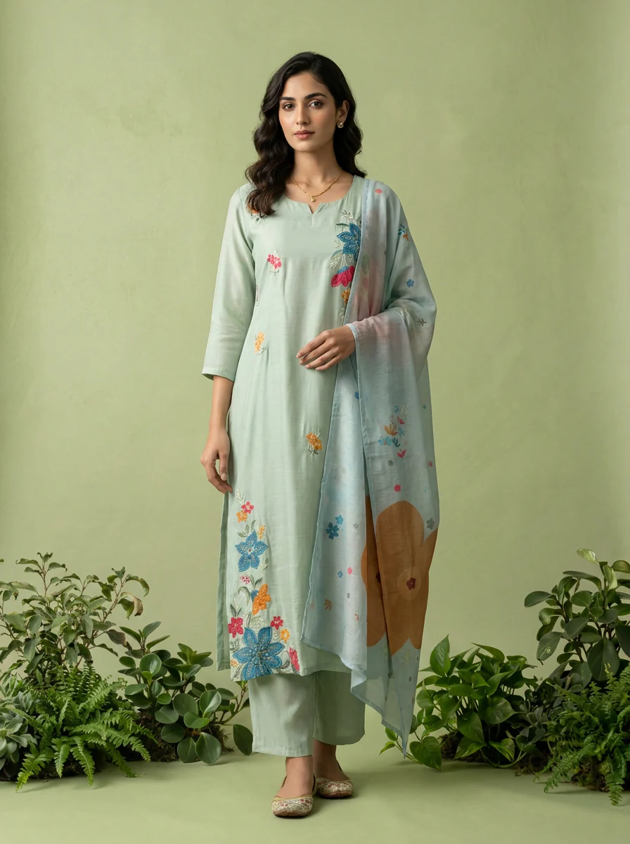 Aqua Muslin Heavy Floral Thread Embroidery Three Piece Set - Image 2