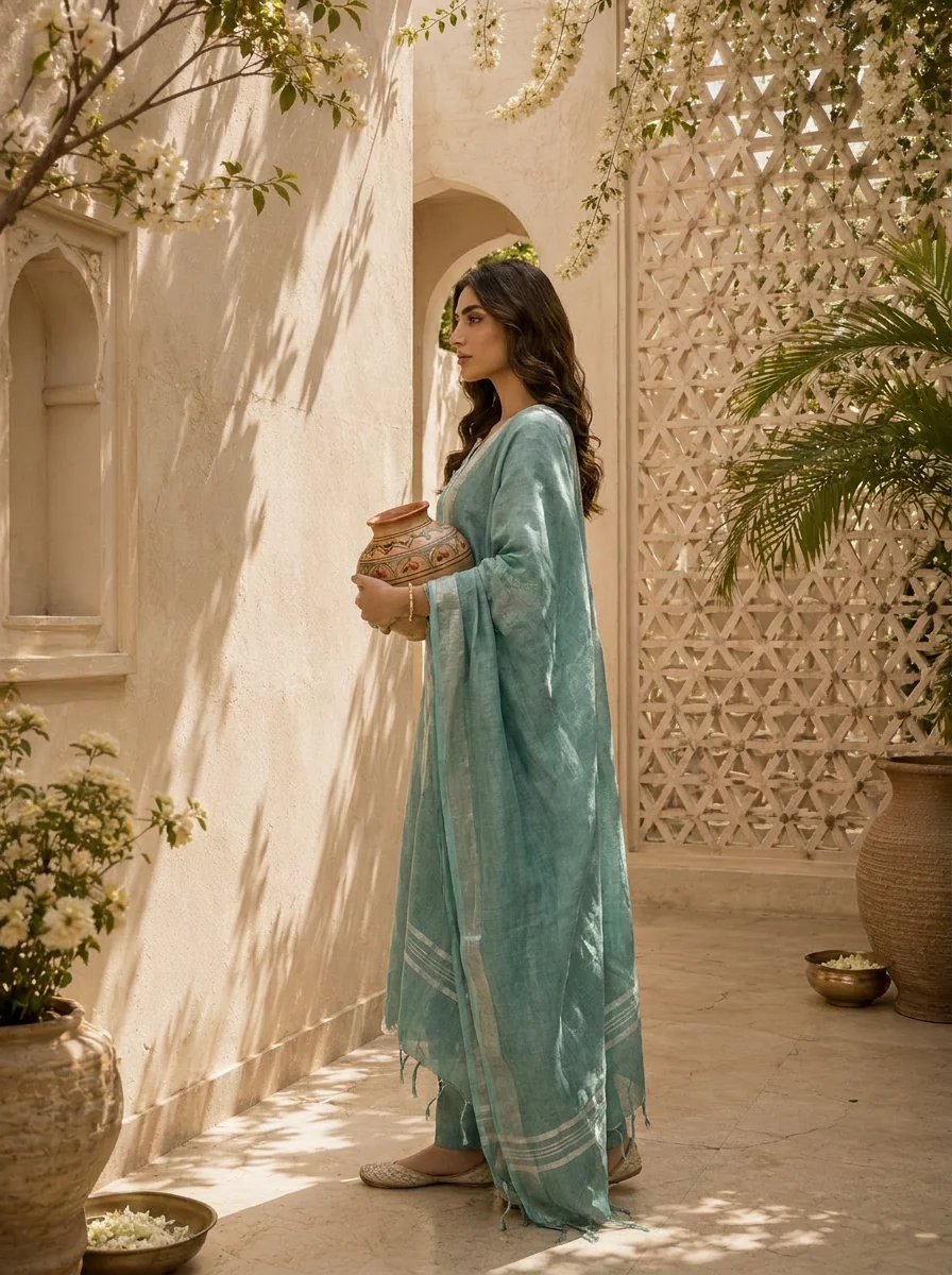 Aqua Solid Design And Thread Embroidery Linen Three Piece Set - Image 4