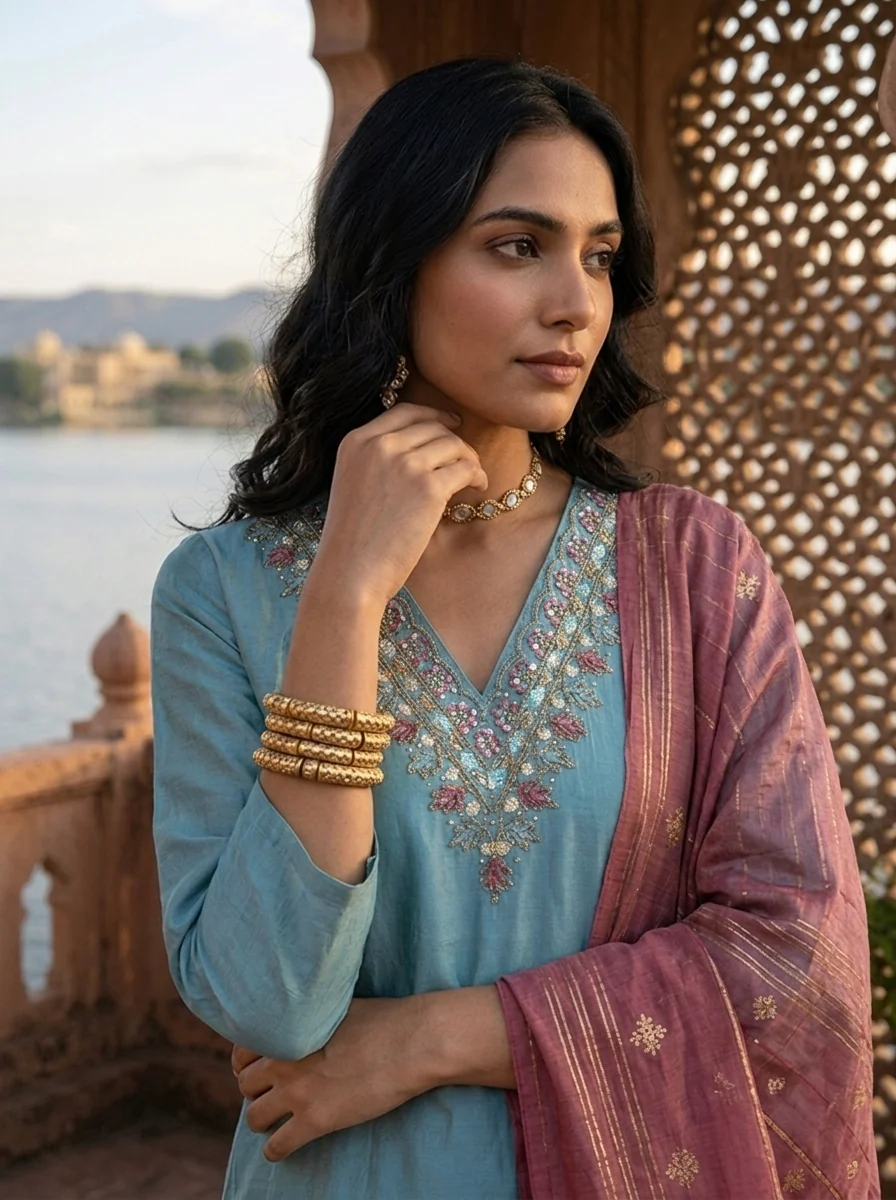 Aqua Tissue Stone And Thread Embroidered Three Piece Set