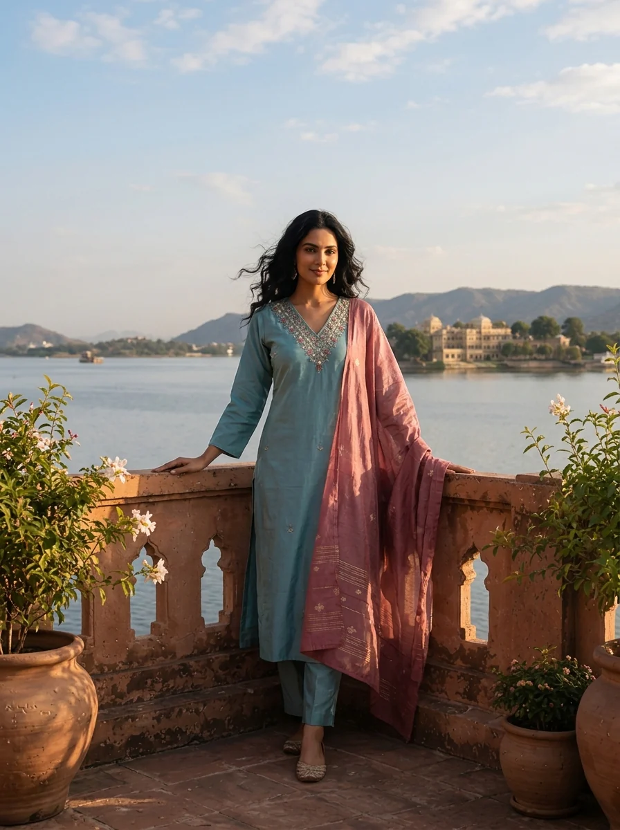 Aqua Tissue Stone And Thread Embroidered Three Piece Set - Image 2