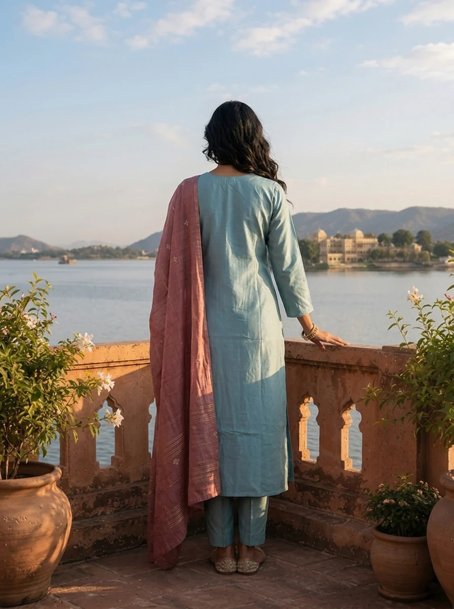 Aqua Tissue Stone And Thread Embroidered Three Piece Set - Image 3