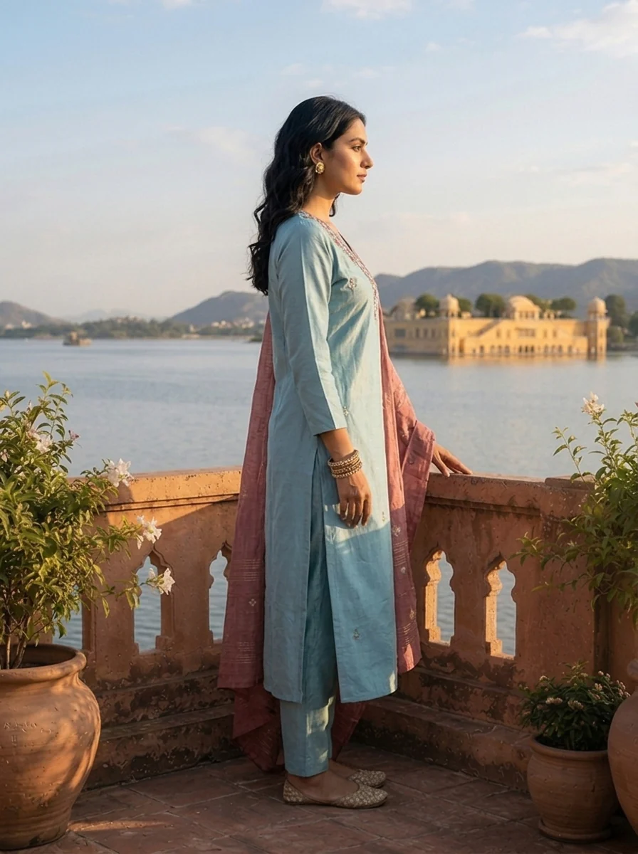 Aqua Tissue Stone And Thread Embroidered Three Piece Set - Image 4
