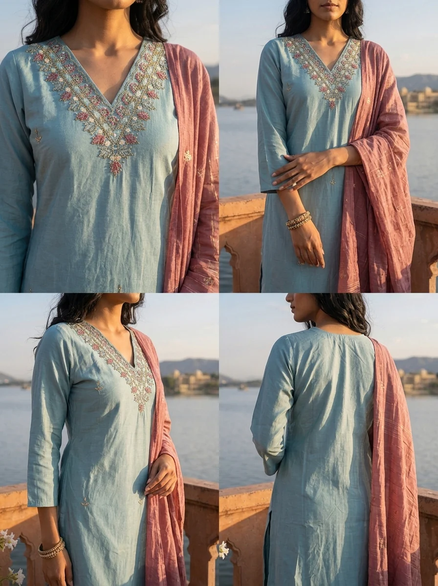Aqua Tissue Stone And Thread Embroidered Three Piece Set - Image 5