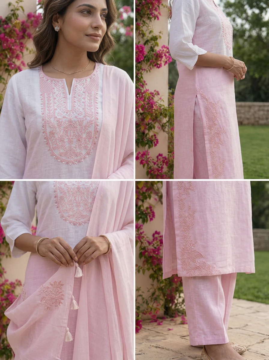 Baby Pink Beads Embroidered Linen Three Piece Set - Image 2