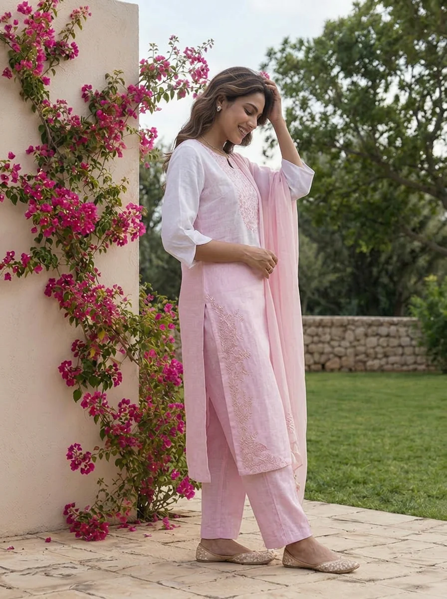 Baby Pink Beads Embroidered Linen Three Piece Set - Image 4