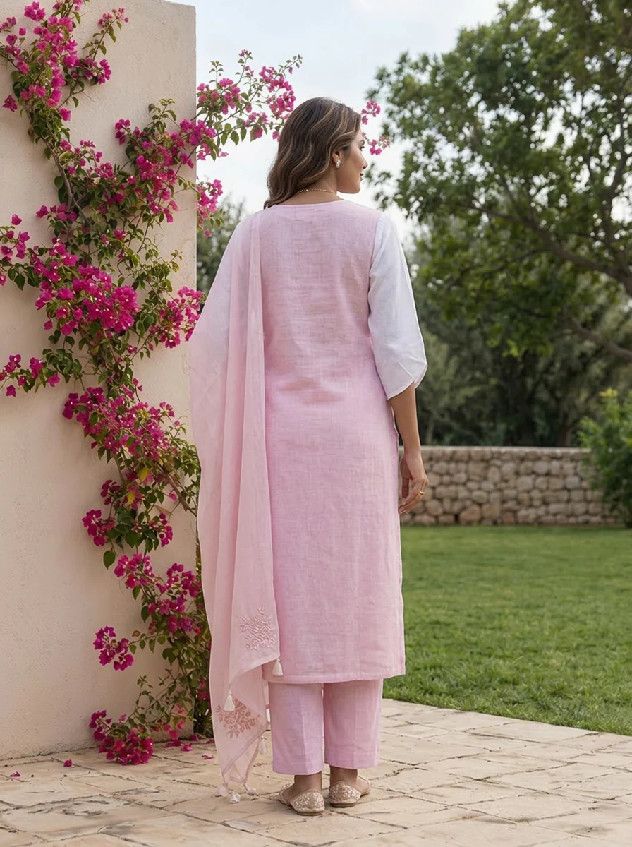 Baby Pink Beads Embroidered Linen Three Piece Set - Image 5