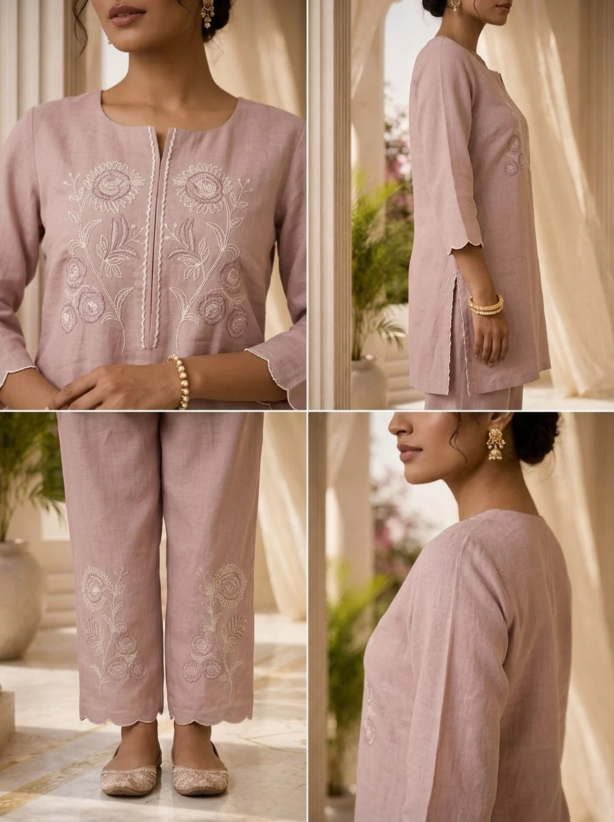 Baby Pink Floral Thread Embroidery Linen Two Piece Set - Image 5