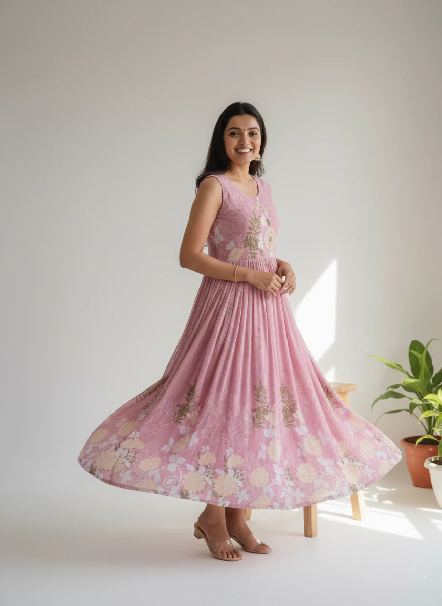 Baby Pink Georgette Floral Digital Print Long Dress - Image 4
