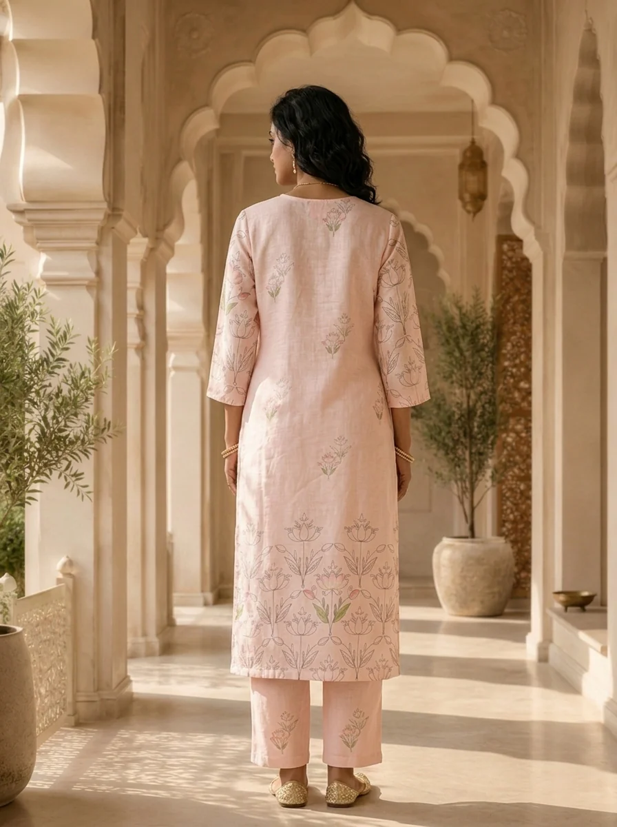 Baby Pink Linen Beads Embroidery And Solid Design Two Piece Set - Image 3