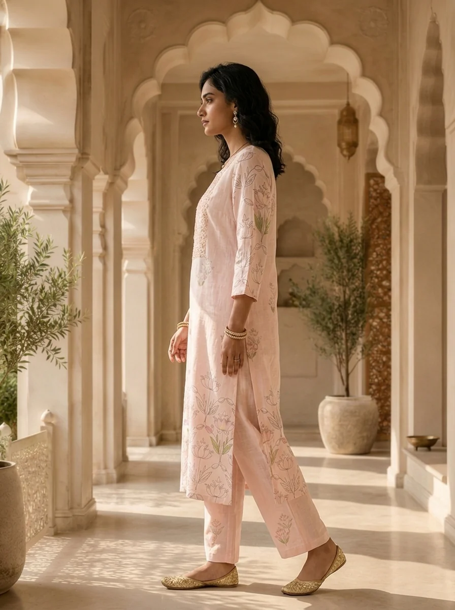 Baby Pink Linen Beads Embroidery And Solid Design Two Piece Set - Image 4