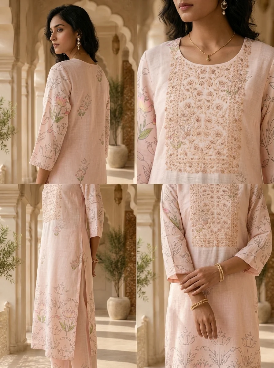 Baby Pink Linen Beads Embroidery And Solid Design Two Piece Set - Image 5