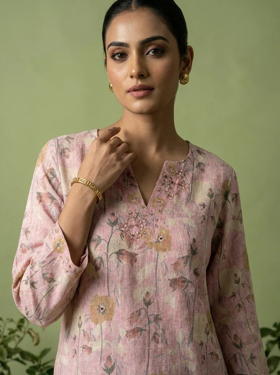 Baby Pink Linen Mirror And Patch Embroidered Two Piece Set - Image 4