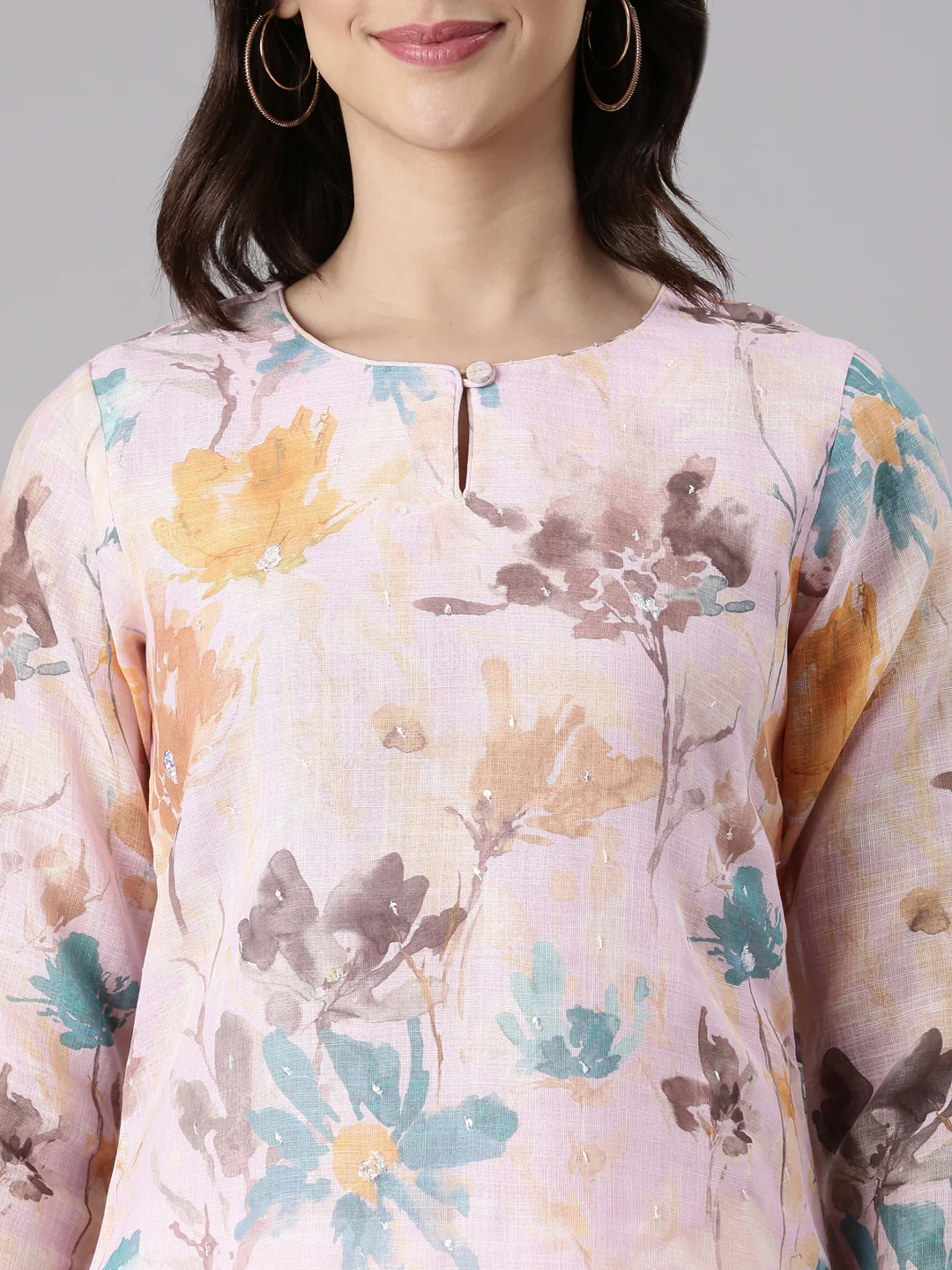 Baby Pink Linen Printed Kurta - Image 5