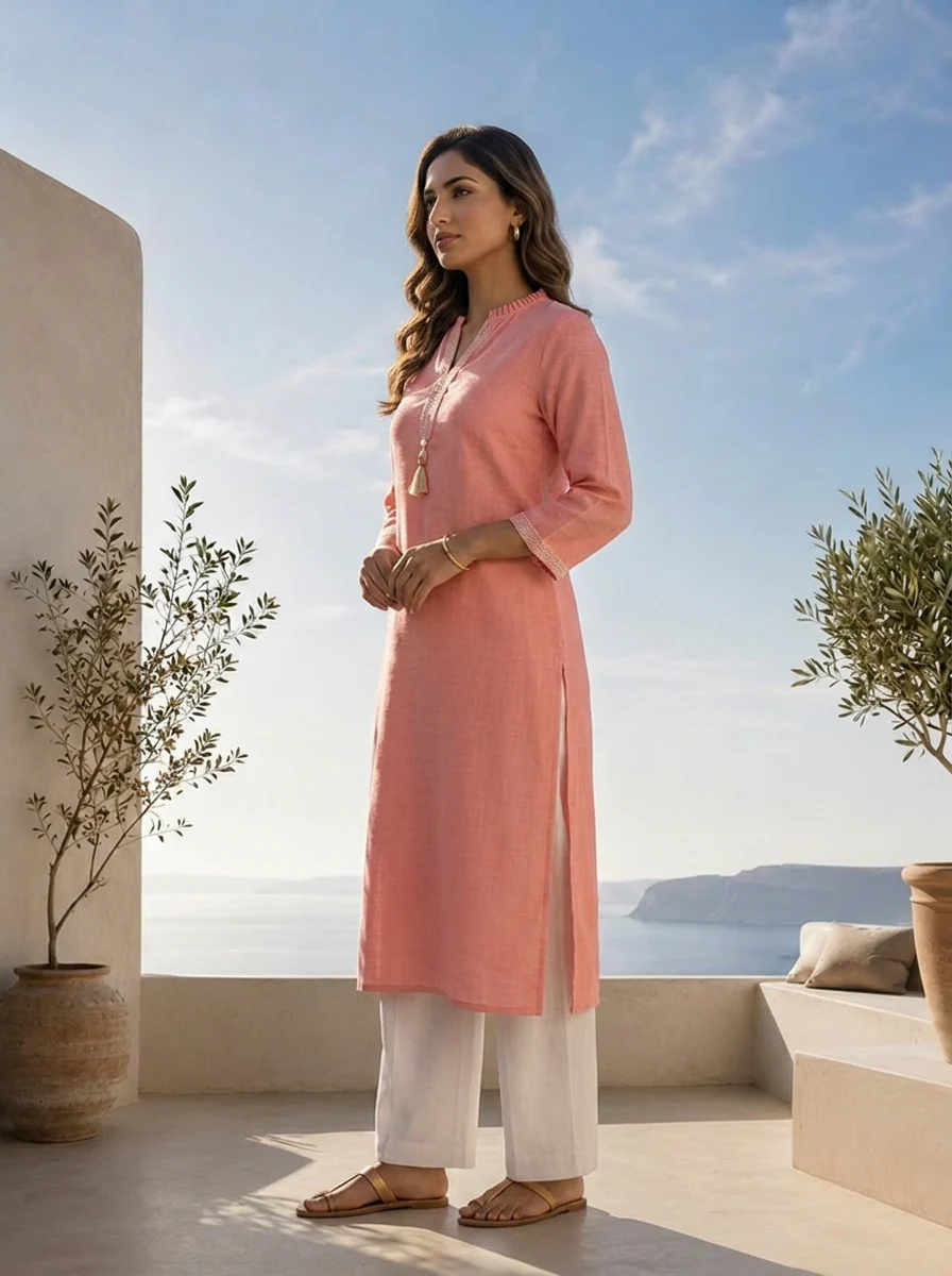 Baby Pink Linen Solid Design And Patch Embroidered Kurta - Image 3