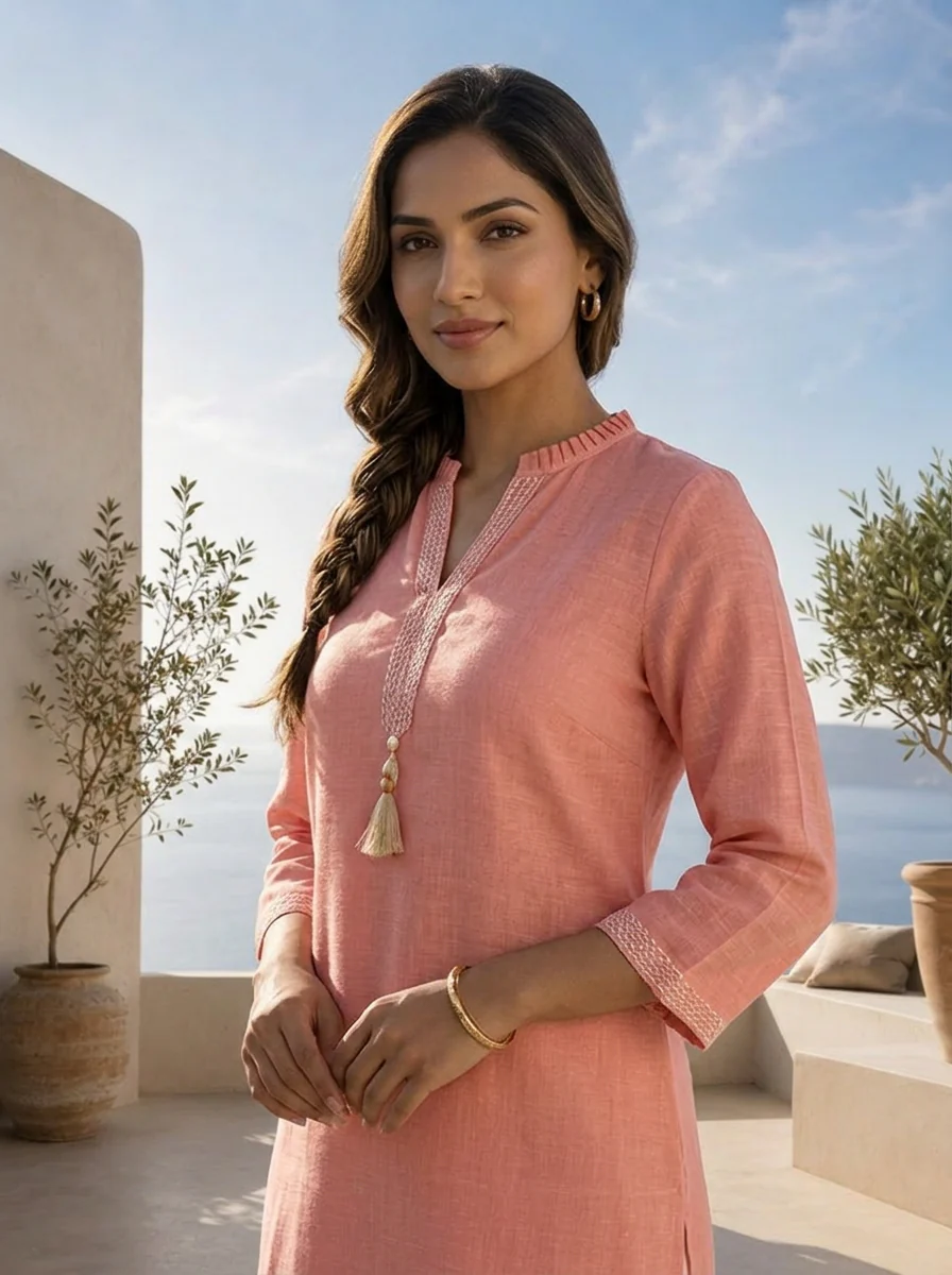 Baby Pink Linen Solid Design And Patch Embroidered Kurta - Image 4