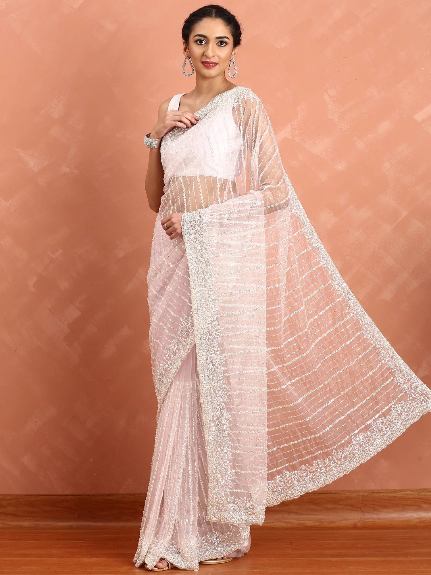 Baby pink net saree with cut Dana hand embroidery - Image 4