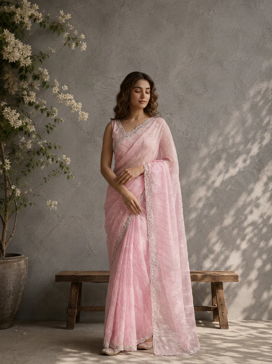 Baby Pink Organza Sequin Embroidered Saree