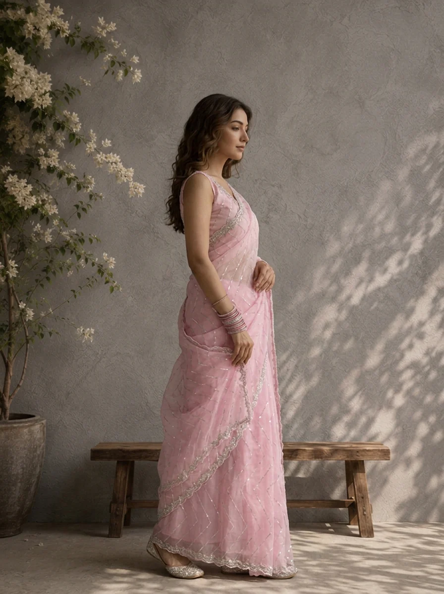 Baby Pink Organza Sequin Embroidered Saree - Image 2