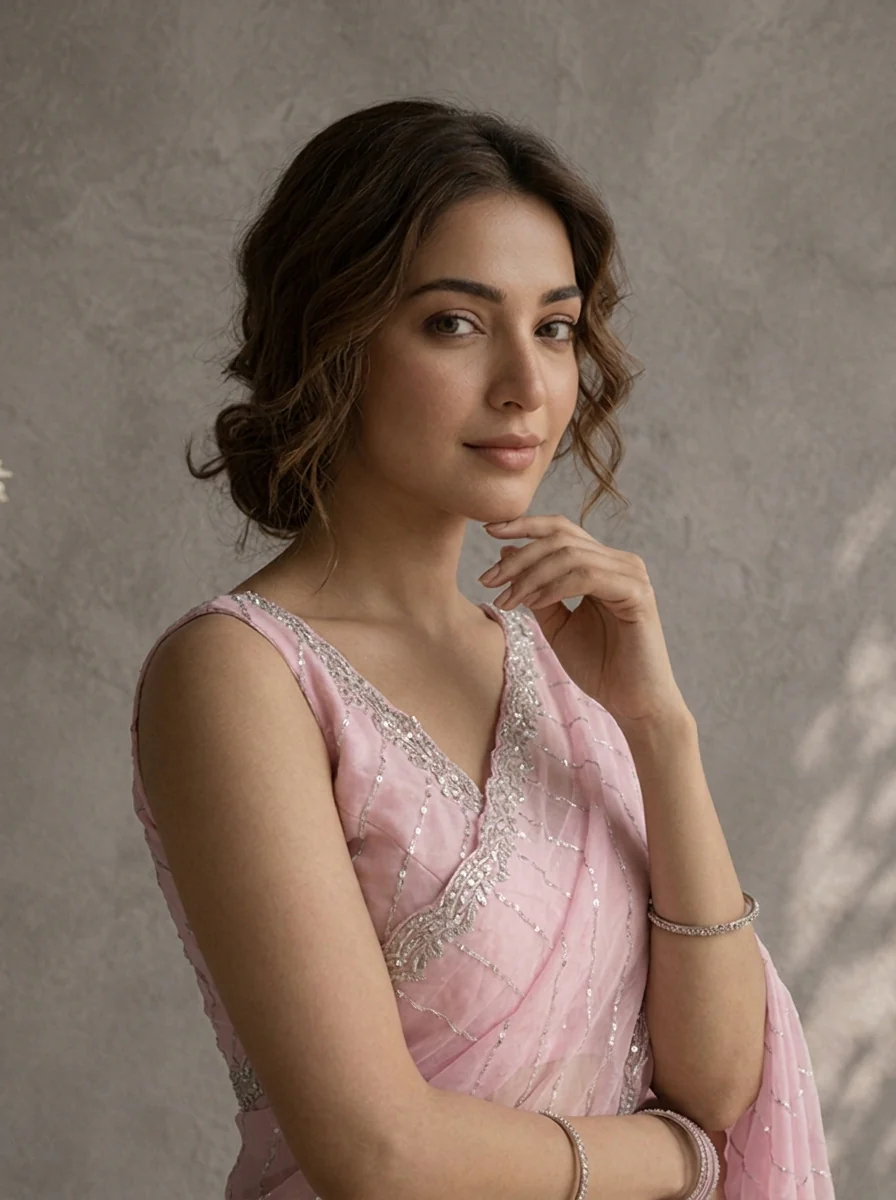 Baby Pink Organza Sequin Embroidered Saree - Image 3
