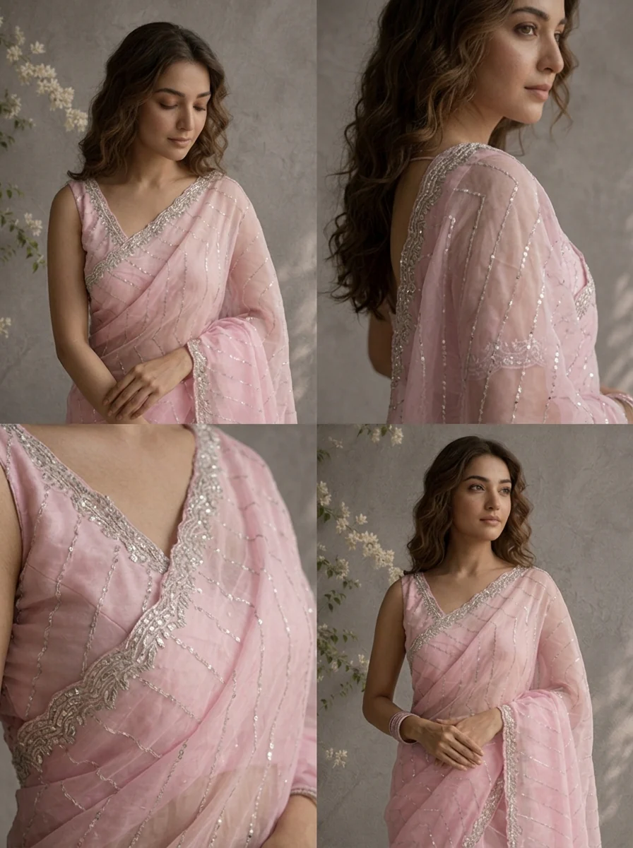 Baby Pink Organza Sequin Embroidered Saree - Image 4