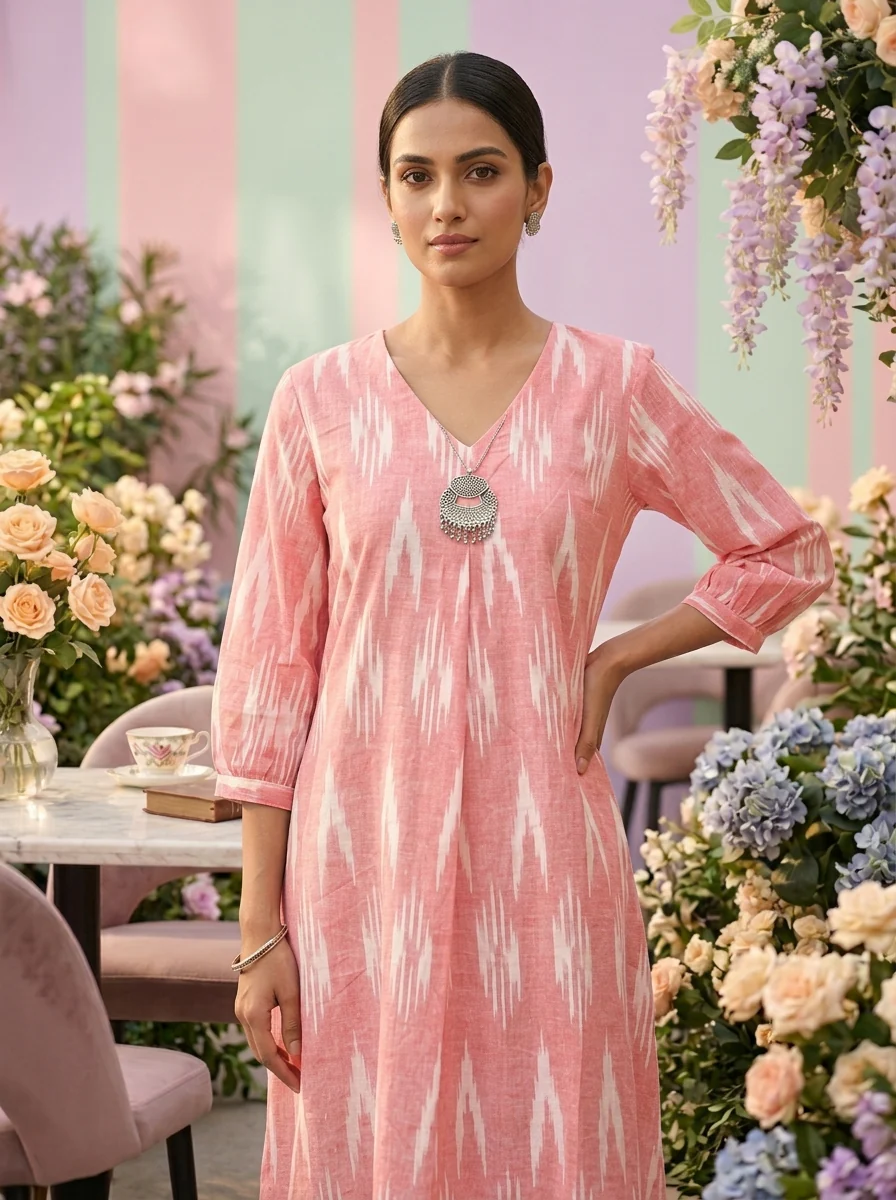 Baby Pink Printed Cotton Kurta - Image 5