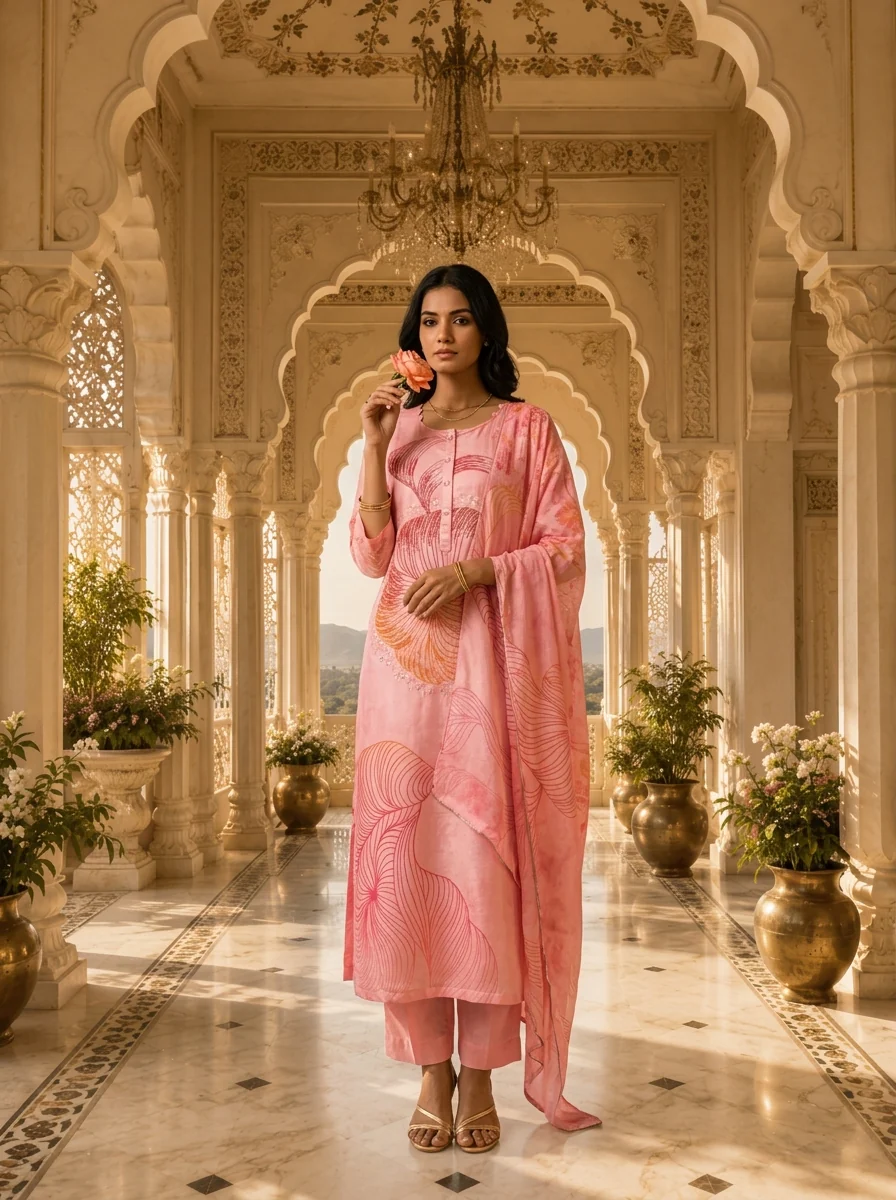Baby Pink Rayon Floral Printed Three Piece Set