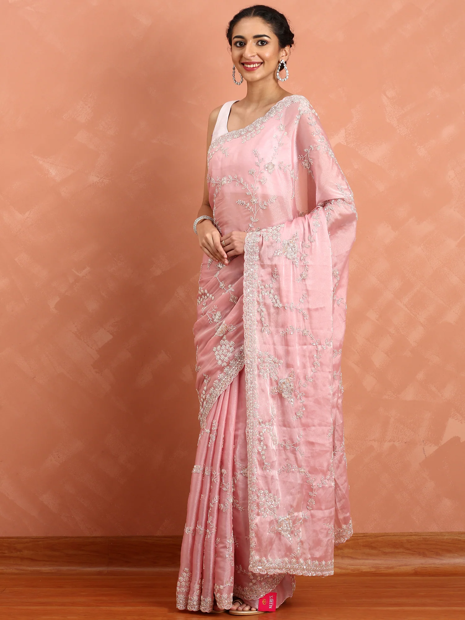 Baby pink satin saree with zardozi hand work - Image 4