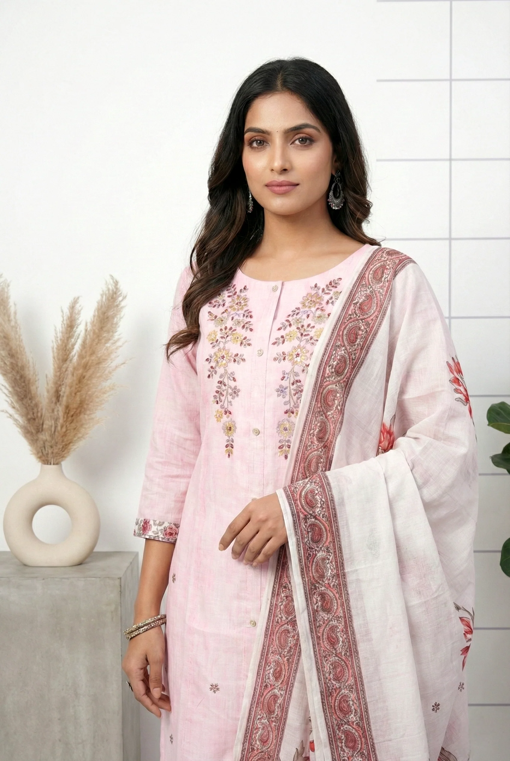 Baby Pink Silk Hand Embroidery Three Piece Set - Image 2