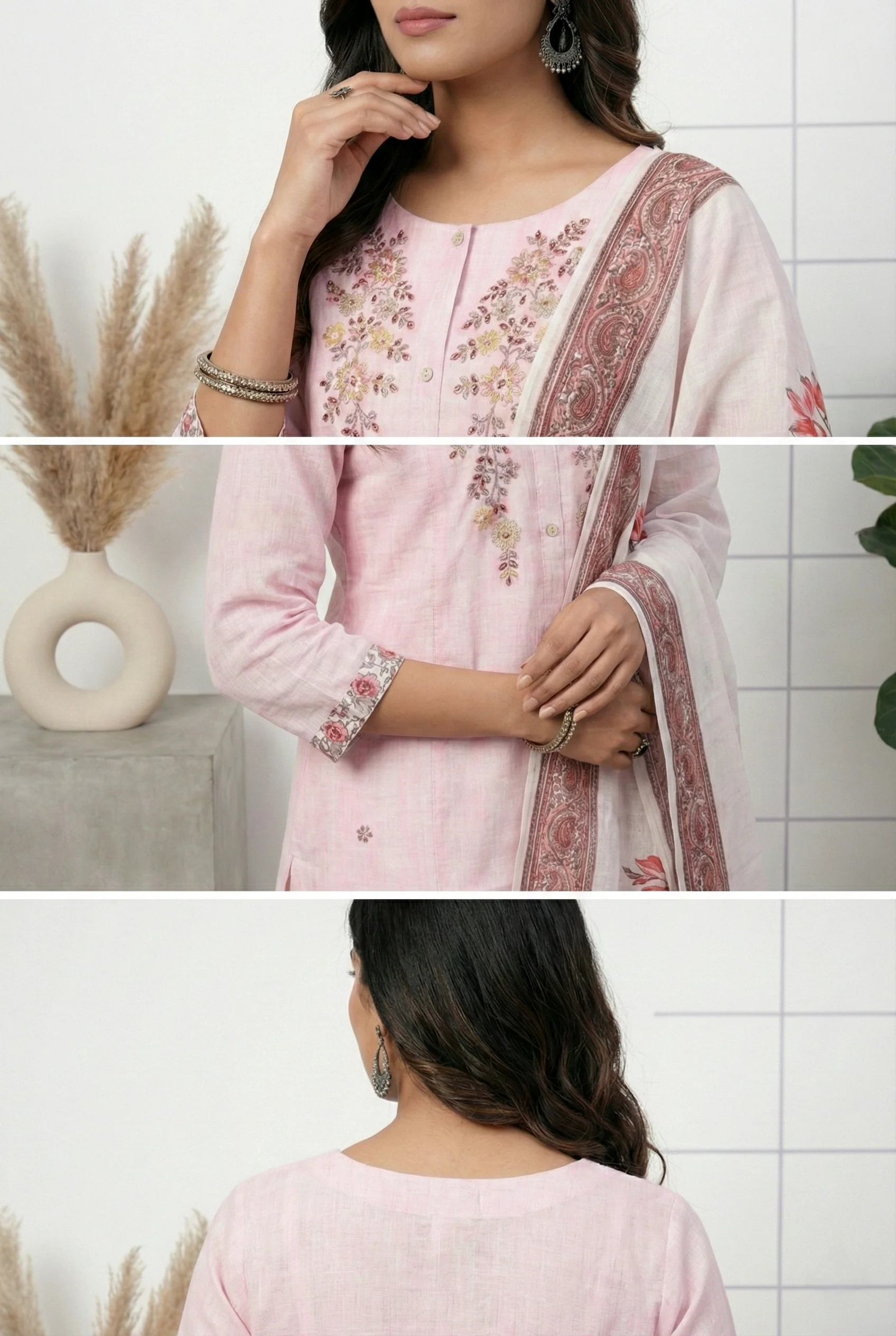 Baby Pink Silk Hand Embroidery Three Piece Set - Image 3