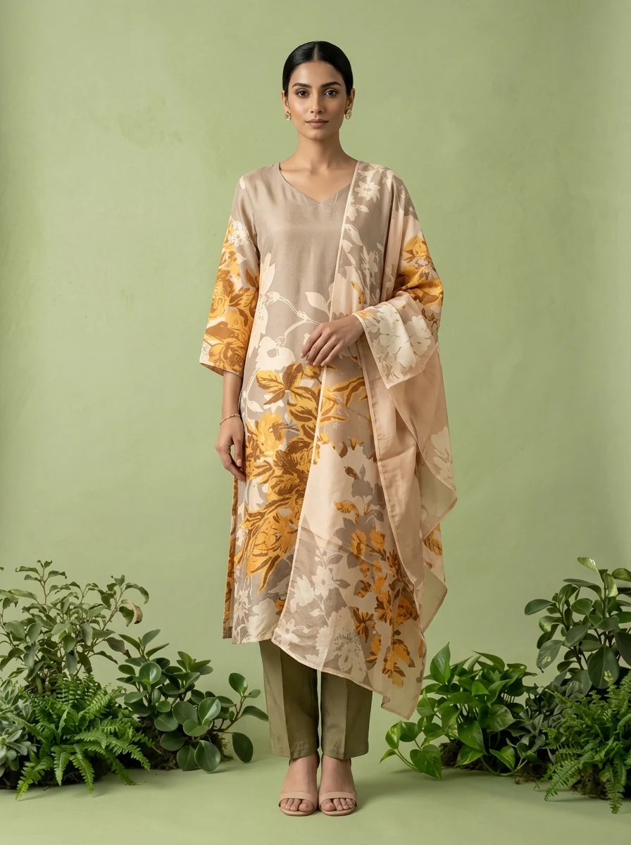 Beige And Yellow Silk Floral Digital Printed Three Piece Set