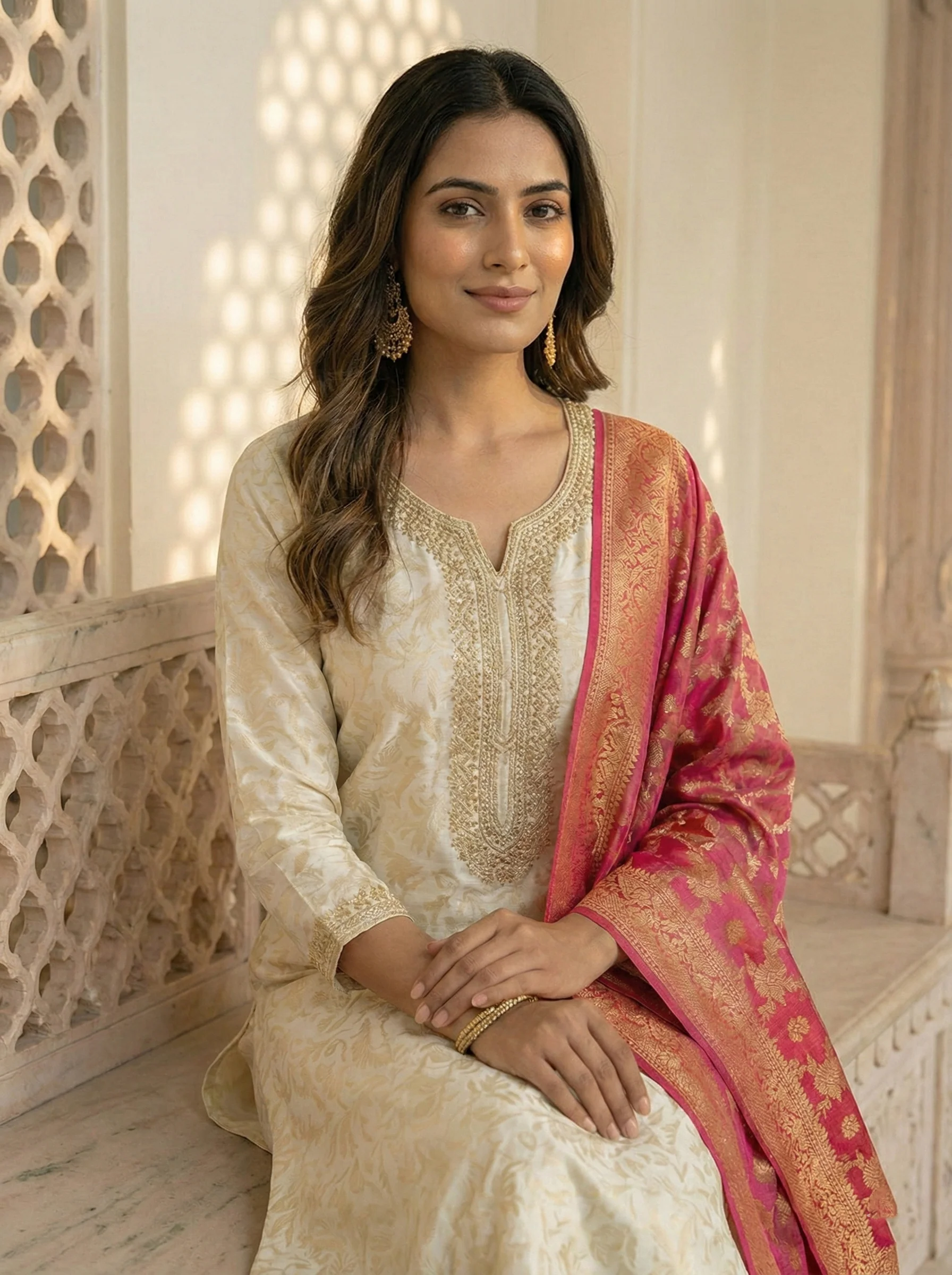 Beige Banarasi Zari Embroiderd Three Piece Set - Image 2