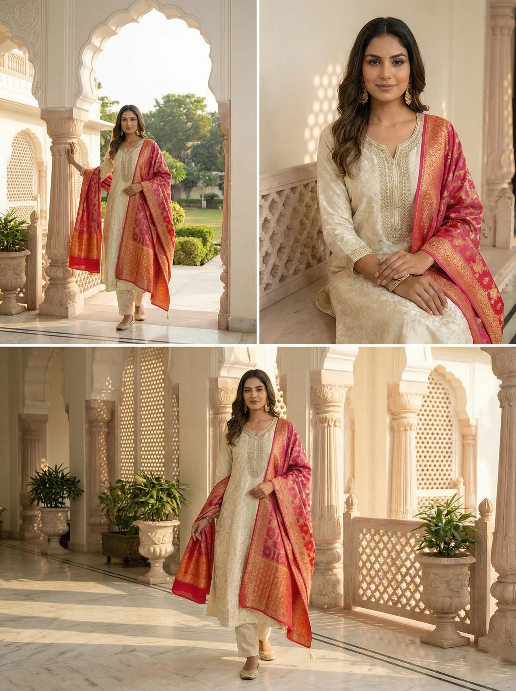 Beige Banarasi Zari Embroiderd Three Piece Set - Image 3