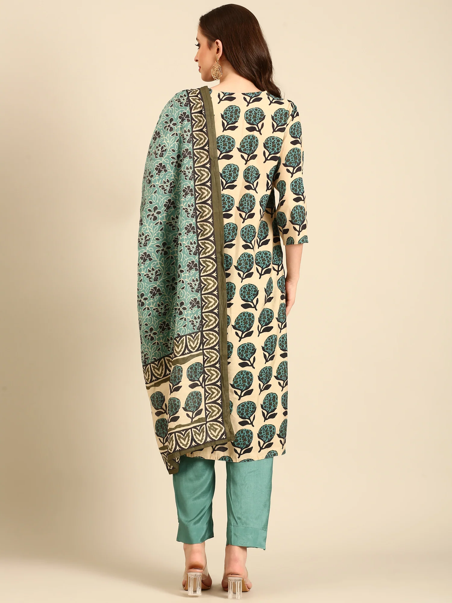 Beige block printed suit set with duppata - Image 3