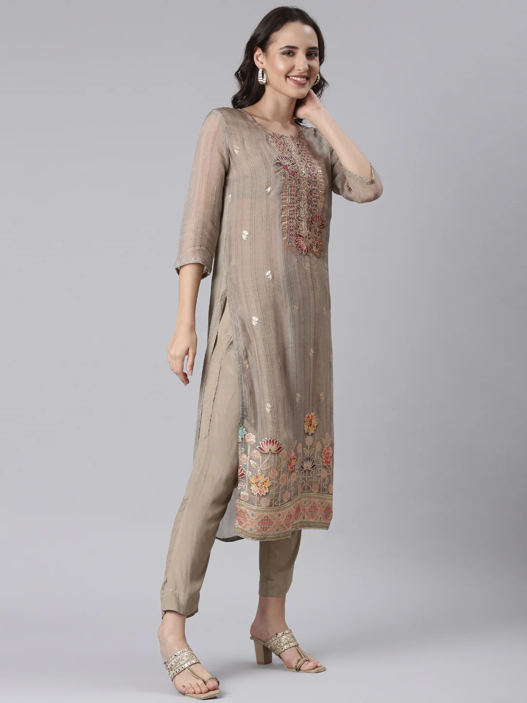 Beige Chanderi Hand Work Three Piece Set - Image 2