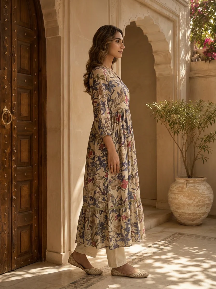 Beige Heavy Floral Printed And Sequins Embroidered Crepe Long Dress - Image 6