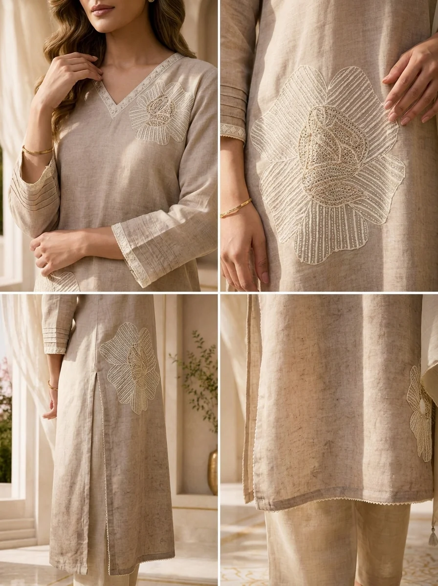 Beige Linen Floral Patch Embroidered Three Piece Set - Image 5