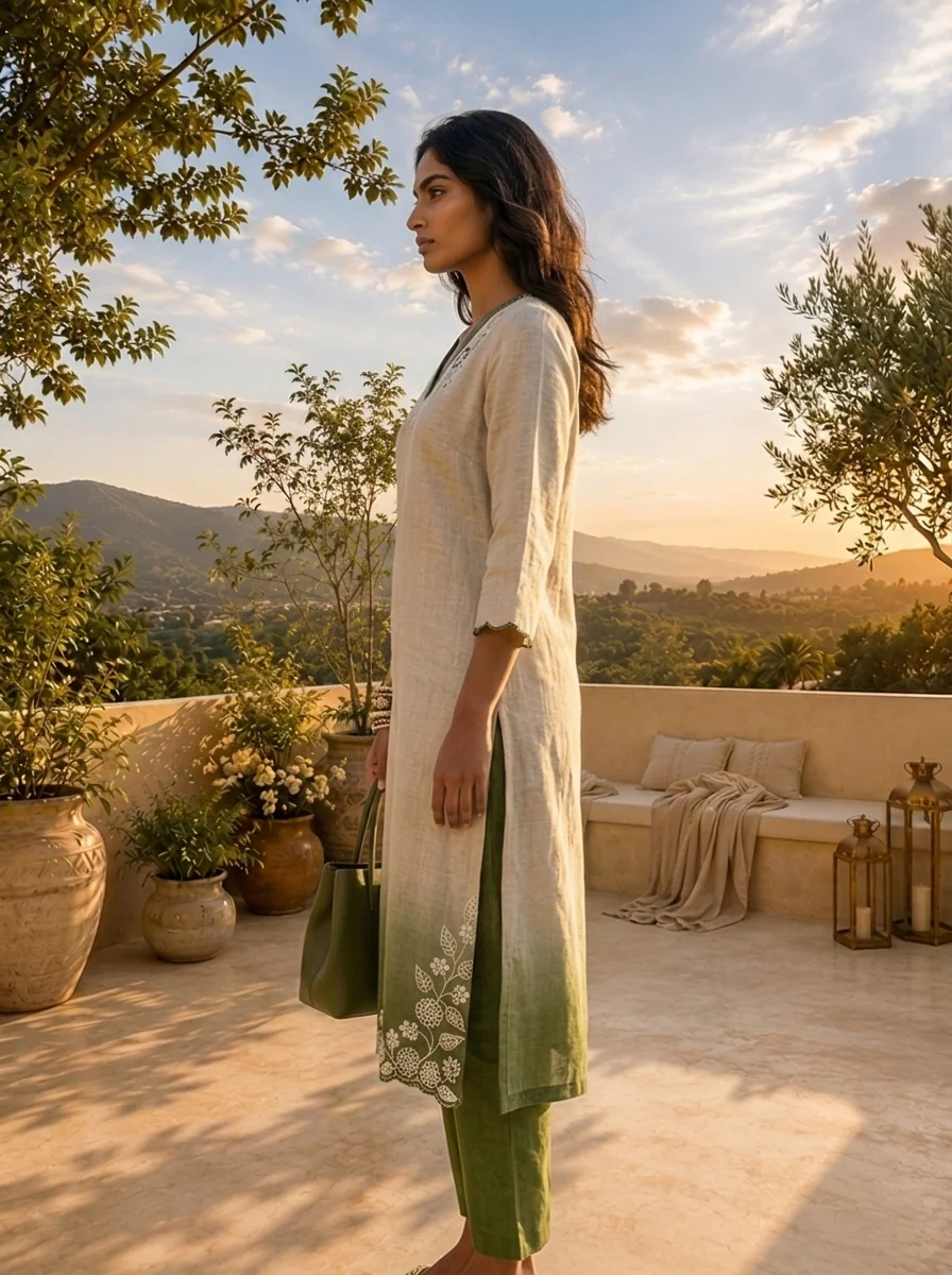 Beige Linen Hand Embroidery Two Piece Set - Image 3