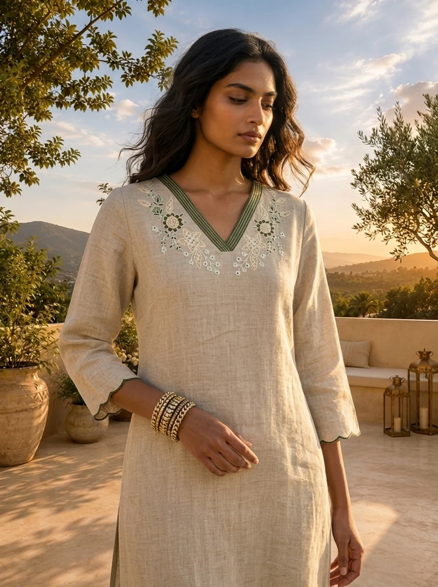 Beige Linen Hand Embroidery Two Piece Set - Image 4