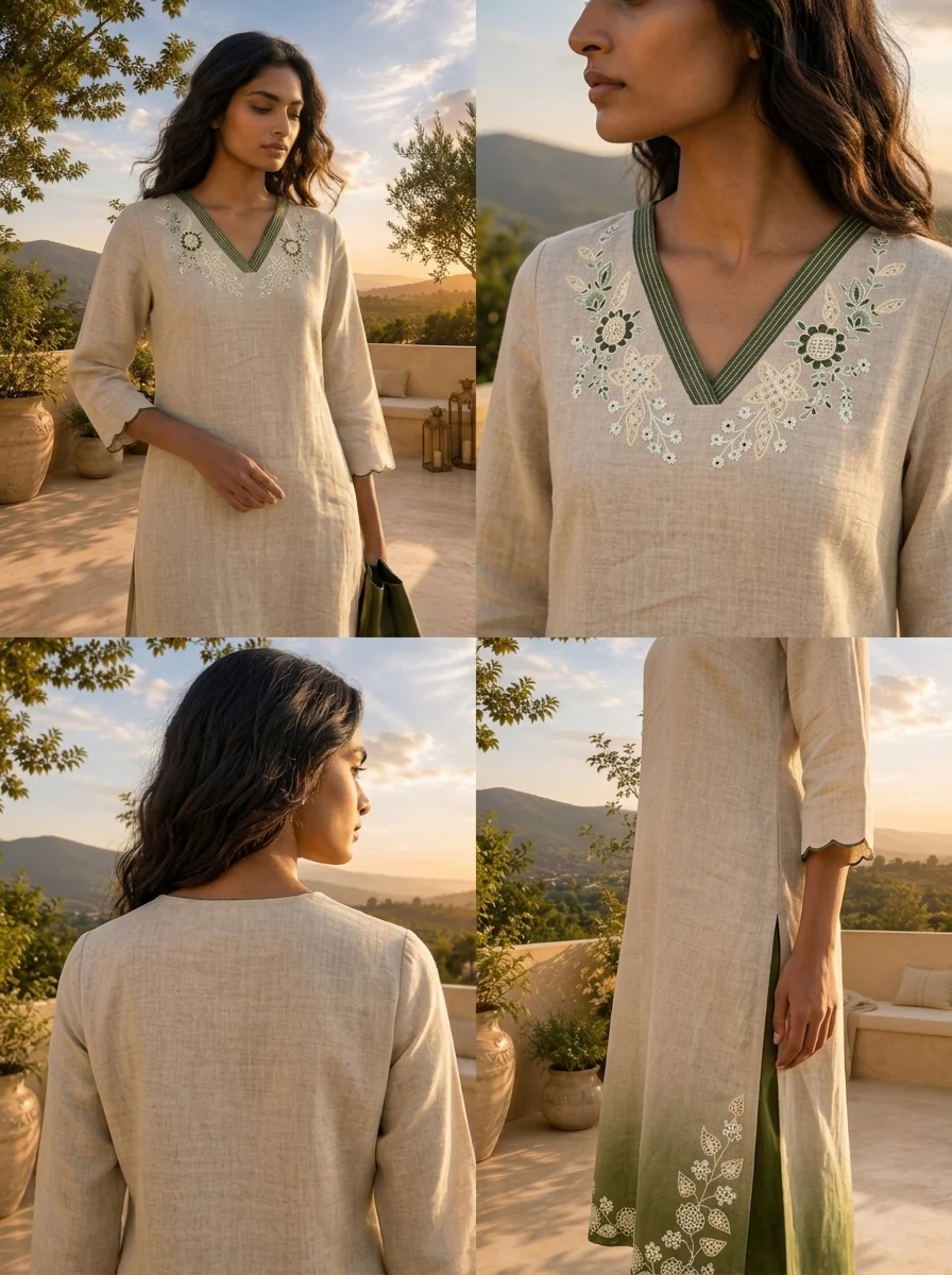 Beige Linen Hand Embroidery Two Piece Set - Image 5