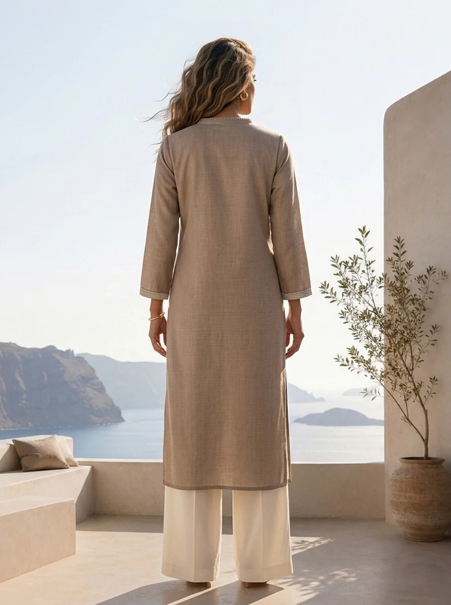 Beige Linen Solid Design And Patch Embroidered Kurta - Image 2