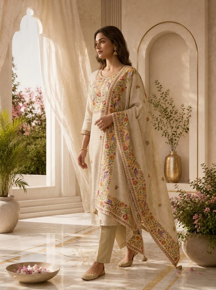Beige Linen Solid Design Three Piece Set With Thread Embroidery Dupatta - Image 3