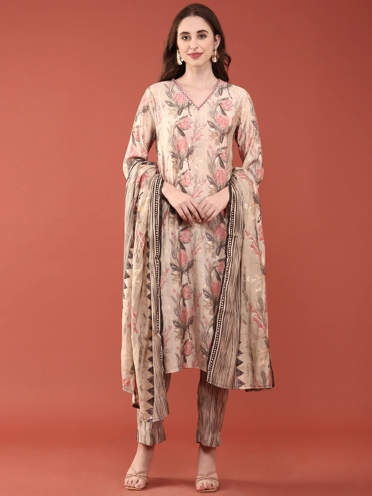 Beige Modal Silk Floral Digital Print Three Piece Set
