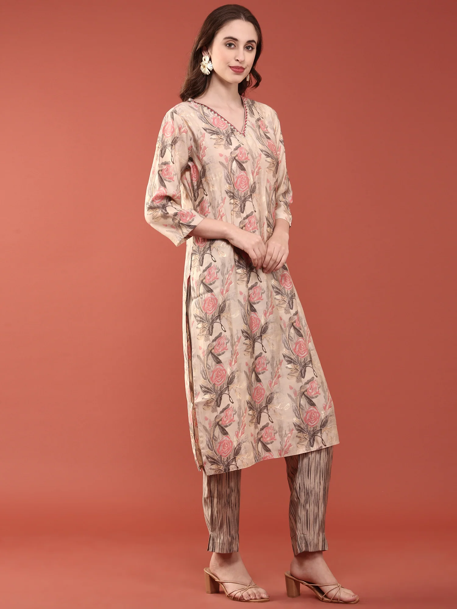 Beige Modal Silk Floral Digital Print Three Piece Set - Image 2