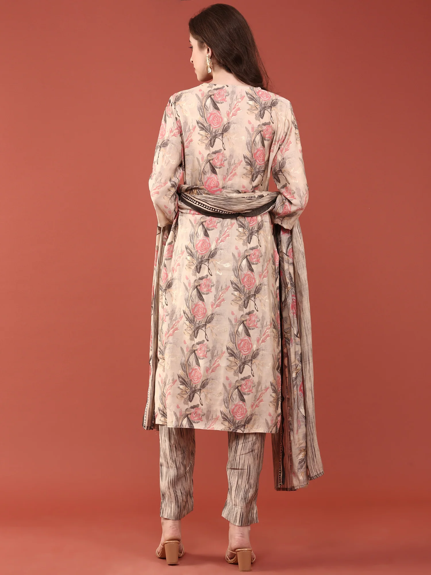 Beige Modal Silk Floral Digital Print Three Piece Set - Image 3