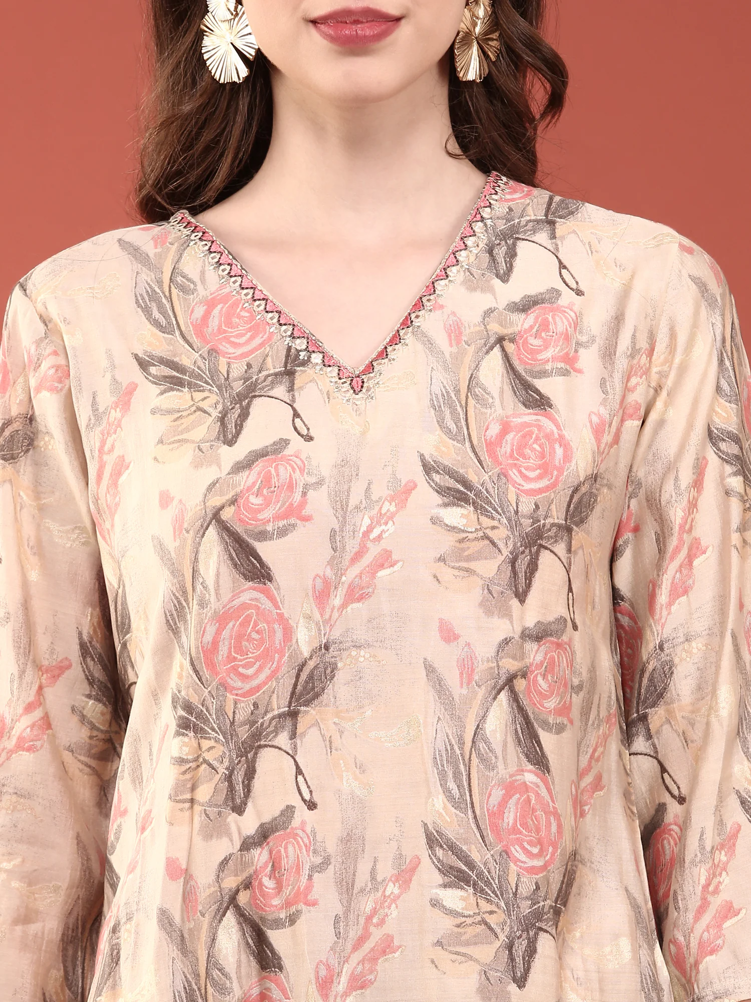 Beige Modal Silk Floral Digital Print Three Piece Set - Image 4