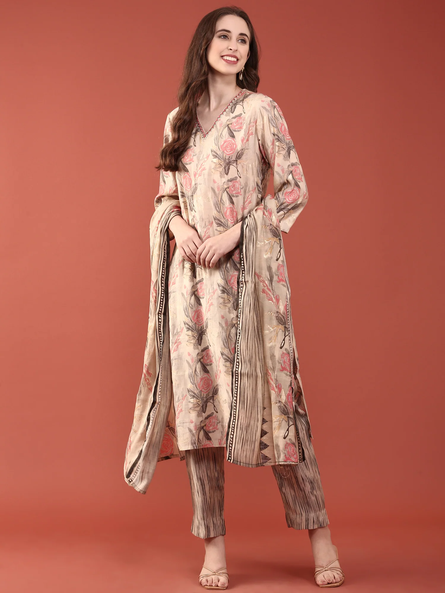 Beige Modal Silk Floral Digital Print Three Piece Set - Image 5