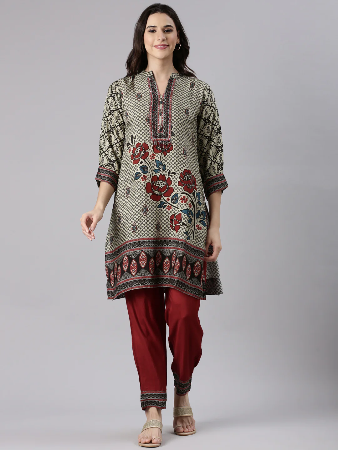 Beige Muslin Printed Two Piece Set