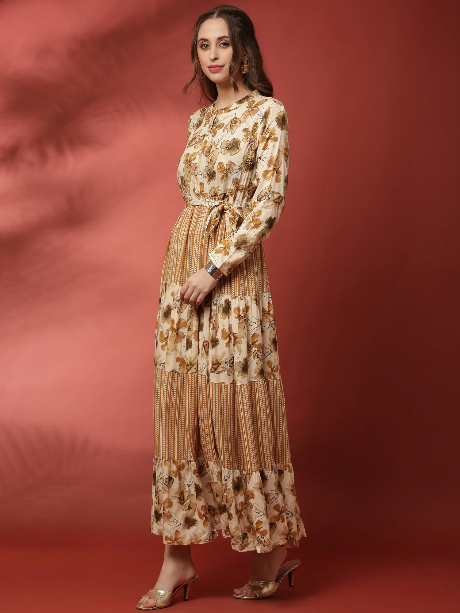 Beige rayon printed long dress with hand embroidery - Image 2