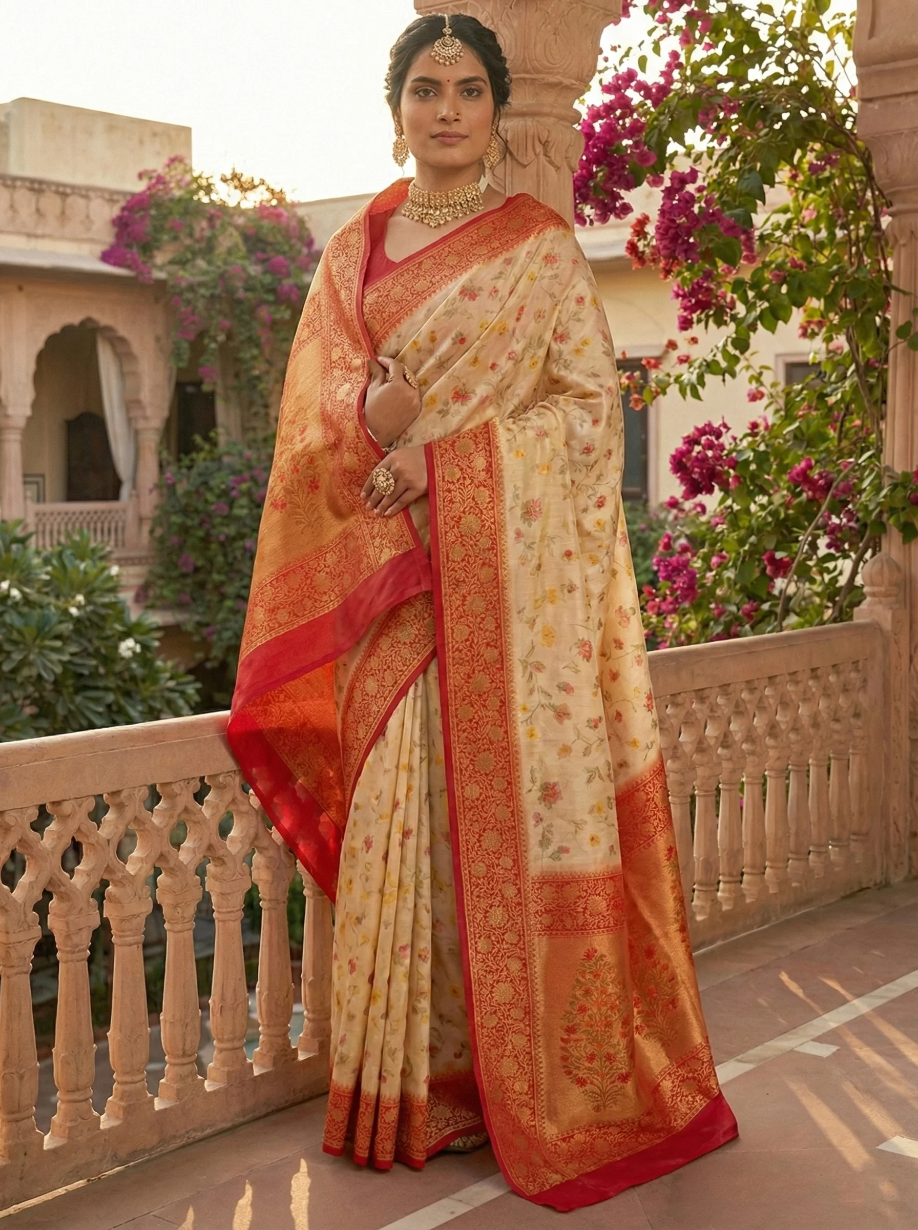 Beige Silk Digital Printed Saree - Image 3
